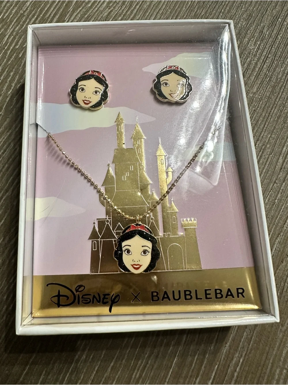 Disney Snow White Pink and Gold Necklace & Earring Set